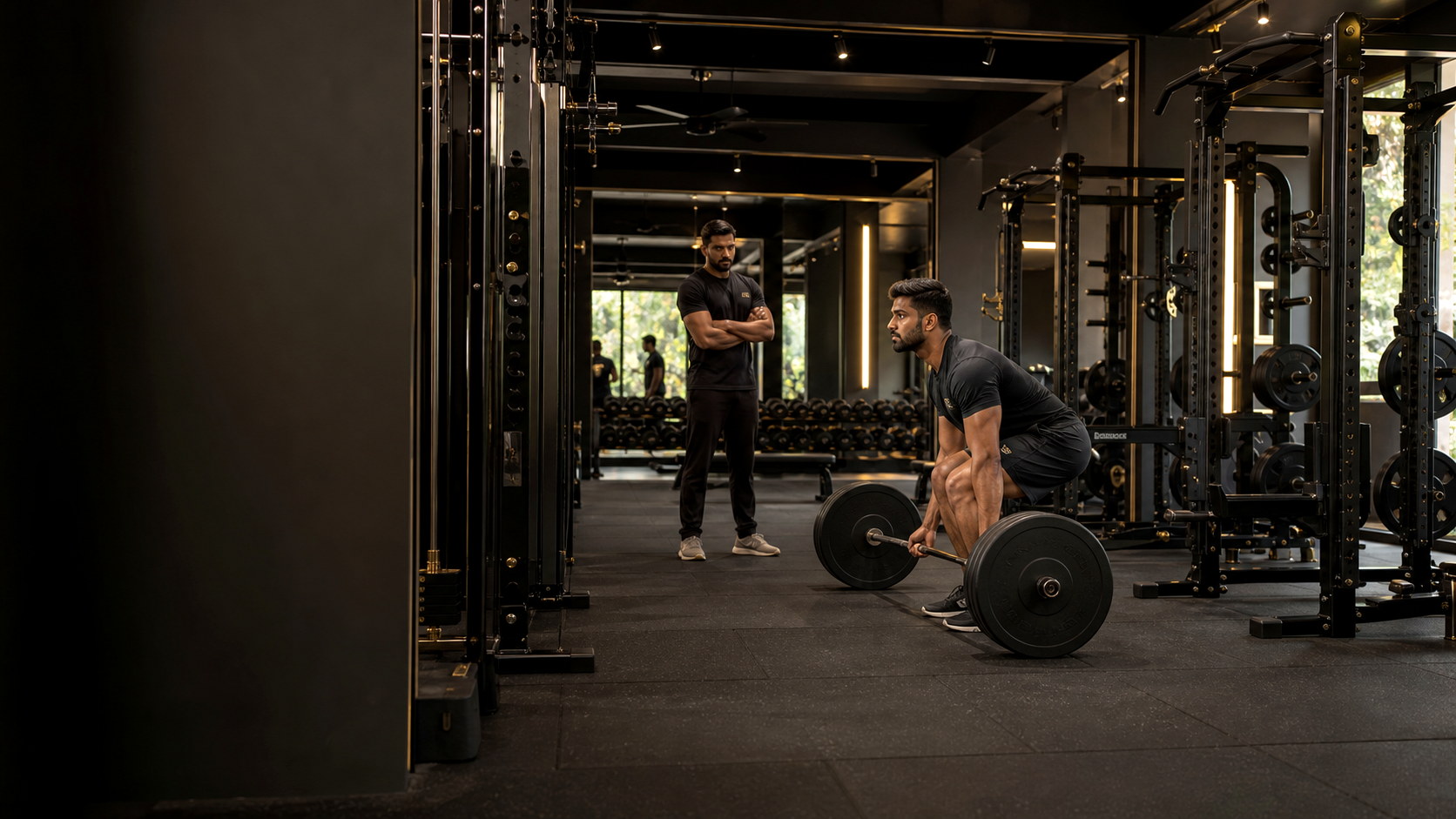Athlete training with a coach on a premium strength floor